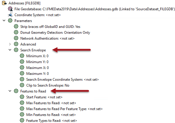 The Search Envelope and Features to Read parameters in the Navigator